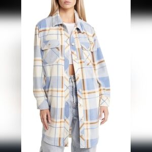 Thread & Supply Plaid Long Polar Fleece Jacket in Light Blue Brown SMALL NWT